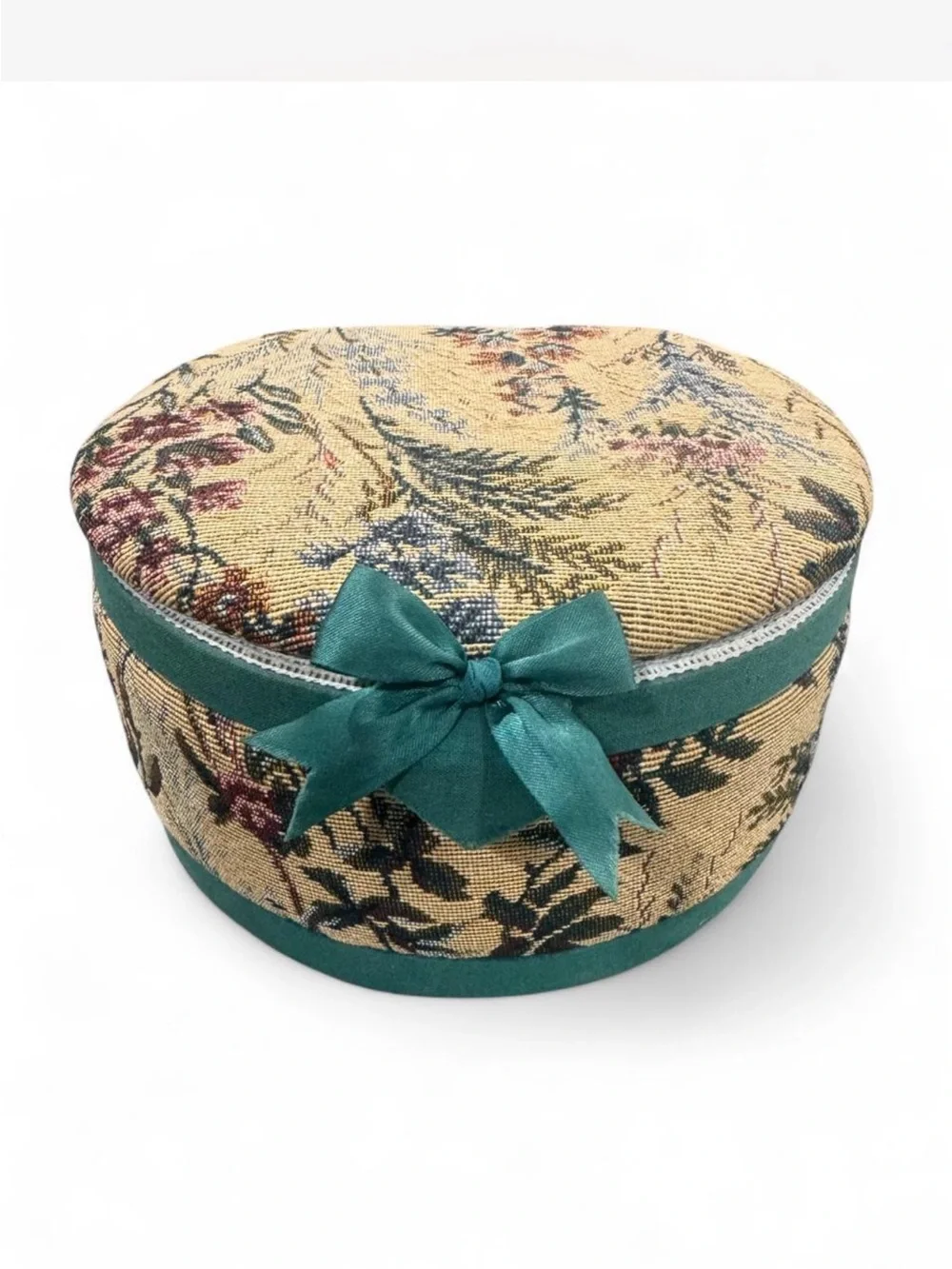 Floral Tapestry Hat Box with Teal Ribbon